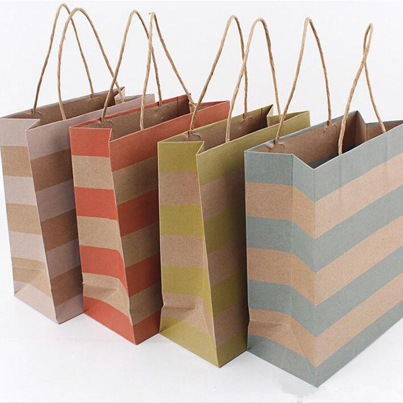 Bolsa de presentes para festivais Sacolas de compras multifuncionais Moda Listrada Papel kraft Bolsa para presentes com alças