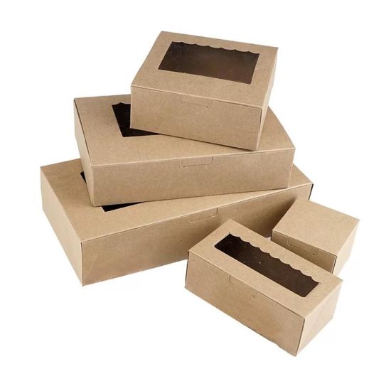 ကြည်လင်သော PVC ပြတင်းပေါက်ပါသည့် Kraft Paper Cake Box၊ အပြာရောင် Cookies Biscuit Cupcake Box၊ White Dots Gift Packaging Box