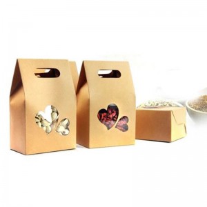 Cute Kraft Paper Food Packaging Bag with Loving Heart Window and Handle, for Food Cookies Candy Meat Baking