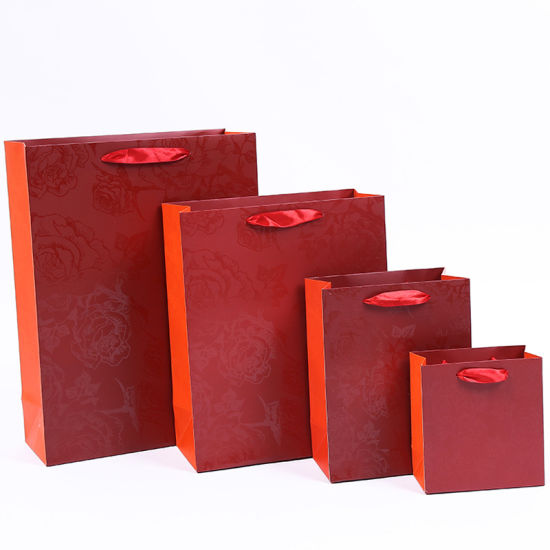 UV Process Bag Rose Paper Design Red Bags with Ribbon Handles