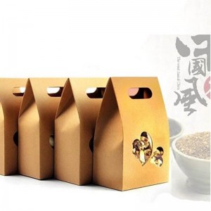 Cute Kraft Paper Food Packaging Bag with Loving Heart Window and Handle, for Food Cookies Candy Meat Baking