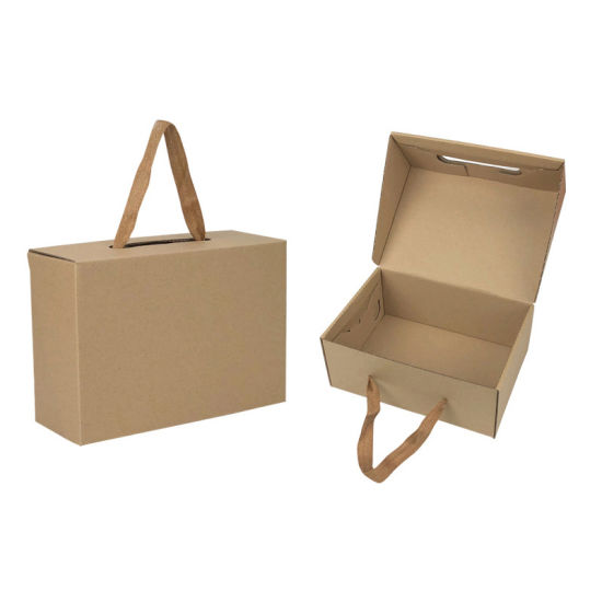 Kraft Paper Brown Shoes Box with Ribbon Handle Corrugated Cardboard Portable