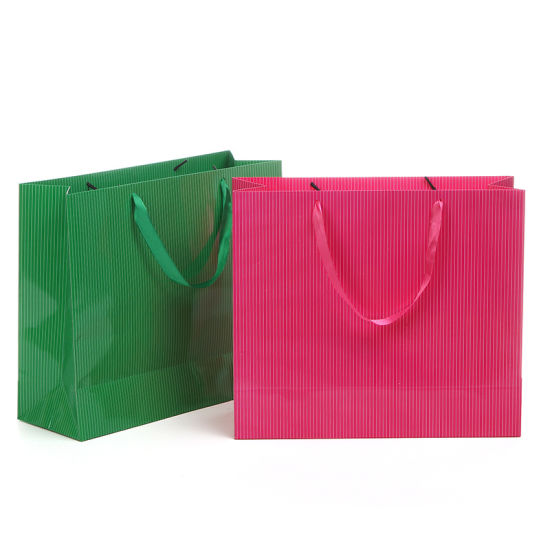 Art Paper Material Glossy Laminated Striped Paper Bag Mini Bags with Ribbon Rope
