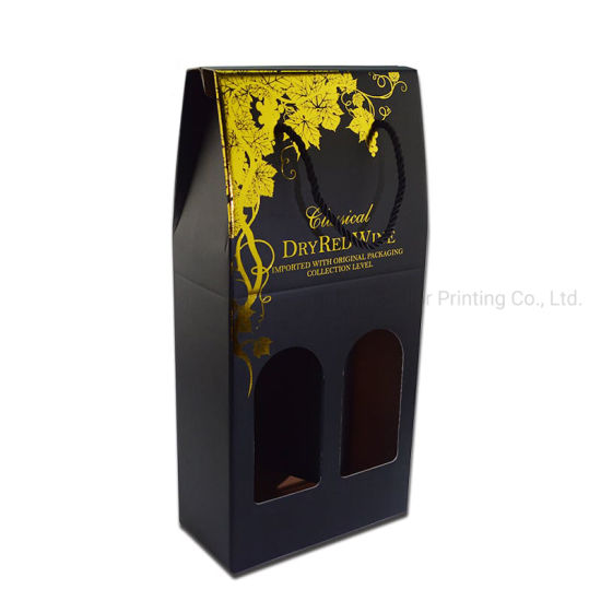 I-Bespoke Double Bottle Packing Cardboard Paper Wine Box ene-PP Rope Handle