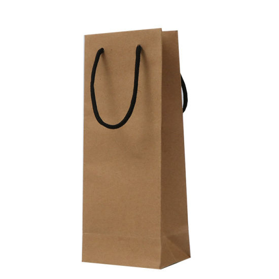 લોગો પ્રિન્ટ વાઇન કેરિયર પેકેજિંગ બેગ સાથે રિસાયકલ કરેલ બ્રાઉન ક્રાફ્ટ પેપર બેગ