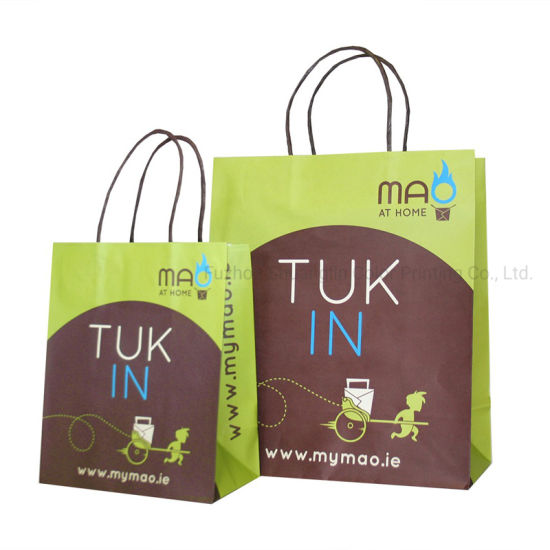Printed Your Logo Kraft Paper Take out Bag with Handle