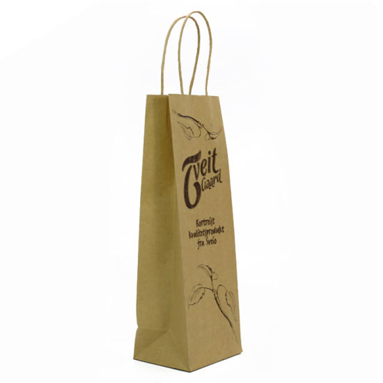 Nízkonákladová obyčajná kraftová papierová taška na zákazku hnedej farby pre jednu tašku na balenie vína